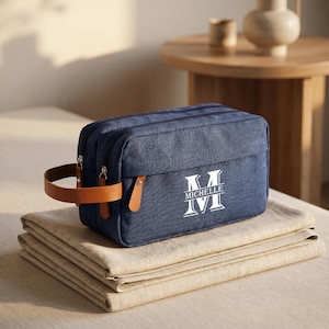 Personalized canvas dopp kit bag, toiletry bag with leather trim, gift for groomsmen, travel supplies