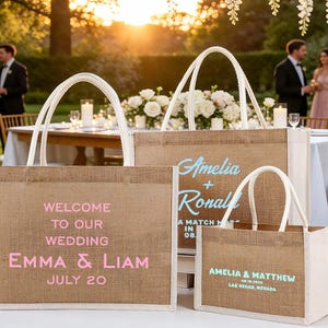 Pu&ograve; includere: Un set di borse tote in iuta con manici e finiture bianche. Le borse presentano testi personalizzati in rosa e azzurro, con nomi e date, perfette per bomboniere. Lo sfondo mostra una festa di matrimonio.
