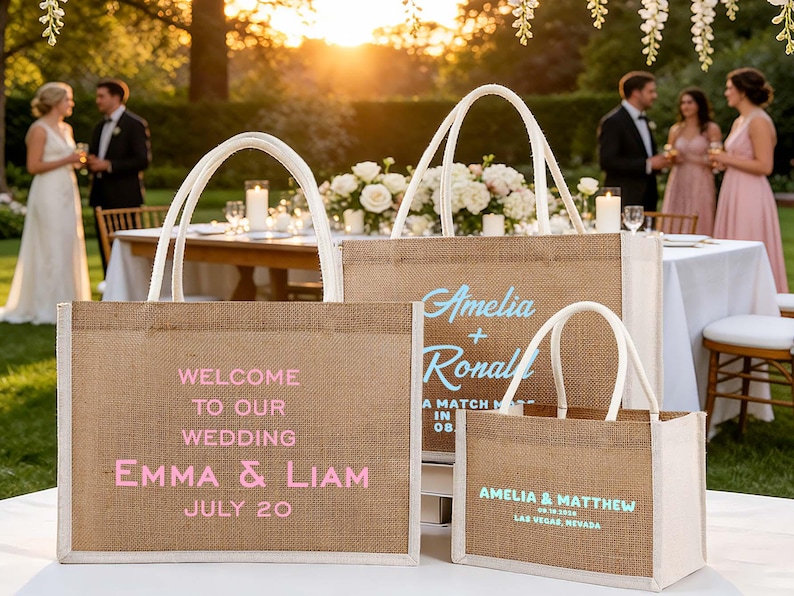 Pu&ograve; includere: Un set di borse tote in iuta con manici e finiture bianche. Le borse presentano testi personalizzati in rosa e azzurro, con nomi e date, perfette per bomboniere. Lo sfondo mostra una festa di matrimonio.