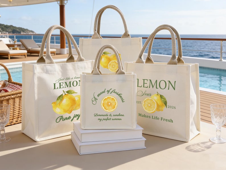 May include: Four off-white canvas tote bags with beige handles, each featuring a lemon-themed design. The bags have text and watercolor illustrations of lemons. One bag reads "Pure Joy", another "A mood of freshness", and a third "Makes Life Fresh".