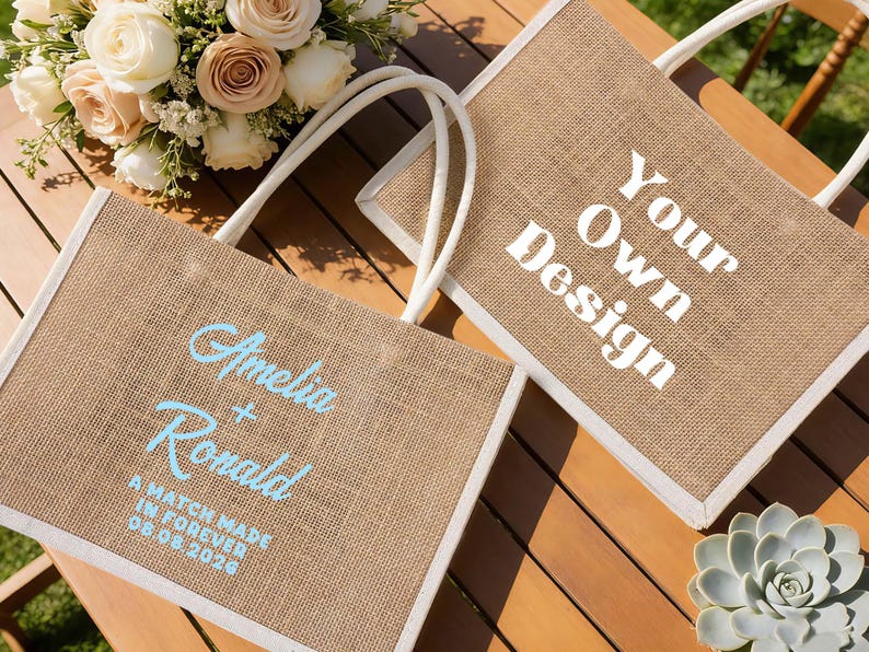 Pu&ograve; includere: Due borse tote in iuta con finiture e manici bianchi. Una borsa ha il testo "Amelia + Ronald" e "A match made in forever 08.08.2026" in azzurro. L'altra borsa ha il testo "Your Own Design" in bianco.
