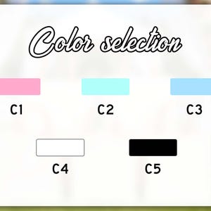 Pu&ograve; includere: Un grafico che mostra le opzioni di colore etichettate da C1 a C5. Le scelte di colore includono rettangoli rosa, azzurri e blu, insieme a rettangoli bianchi e neri. Il testo "Color selection" &egrave; scritto in corsivo in alto.