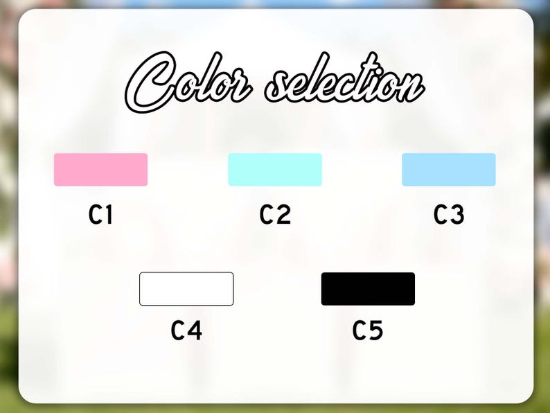 Pu&ograve; includere: Un grafico che mostra le opzioni di colore etichettate da C1 a C5. Le scelte di colore includono rettangoli rosa, azzurri e blu, insieme a rettangoli bianchi e neri. Il testo "Color selection" &egrave; scritto in corsivo in alto.