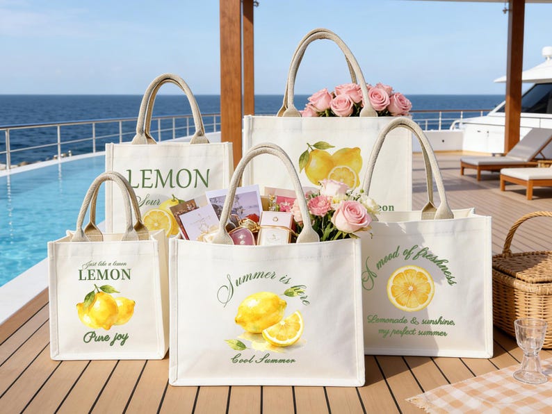 May include: A collection of off-white canvas tote bags with beige handles. Each bag features a lemon-themed design with text such as "Lemon", "Summer is here", and "A mood of freshness". Some bags contain pink roses and small gifts.