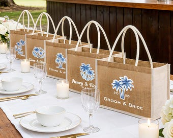 Personalisierte Palme Hochzeit Willkommen Sackleinen Tragetasche , Tropische Hochzeit Gunst , Insel Hochzeit
