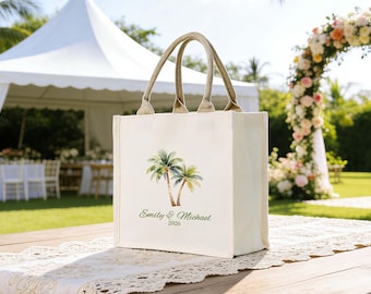 Bolsa de lona blanca con palmeras para regalar en la playa, personalizada para bodas.