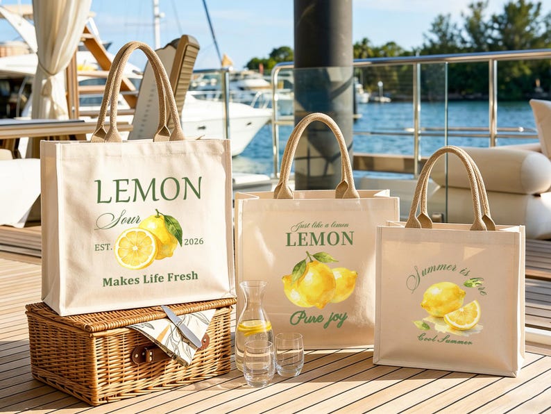 May include: Three canvas tote bags with lemon graphics and text. The bags have beige fabric, brown handles, and various lemon-themed phrases. One bag reads "Lemon Sour Makes Life Fresh". Another says "Just like a lemon Pure joy". The third says "Summer is here Cool Summer".