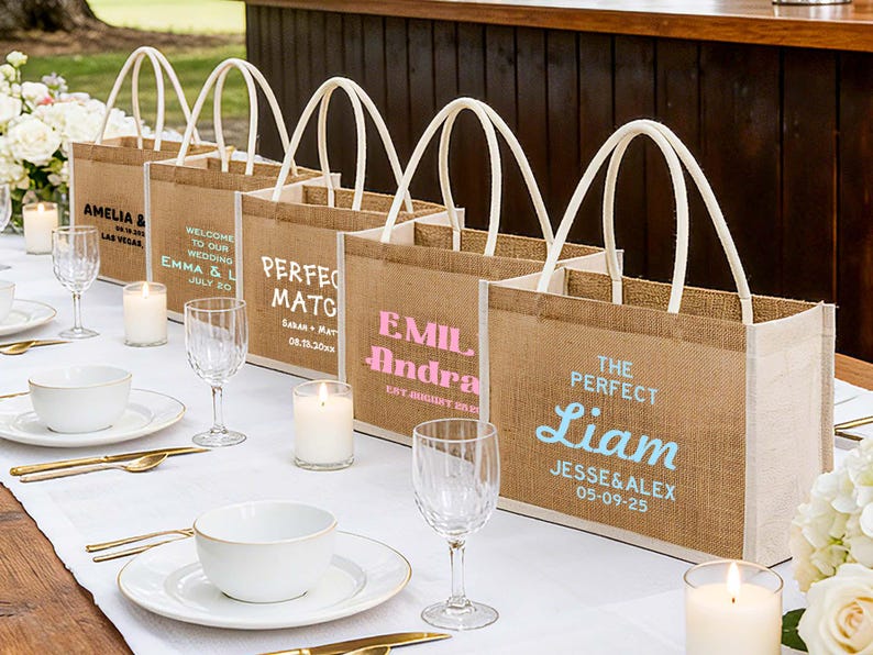 Pu&ograve; includere: Diverse borse di juta con manici bianchi sono disposte su un tavolo. Ogni borsa presenta un testo personalizzato in vari colori. Il tavolo &egrave; apparecchiato con piatti bianchi, posate dorate e candele accese, suggerendo un matrimonio o un evento.