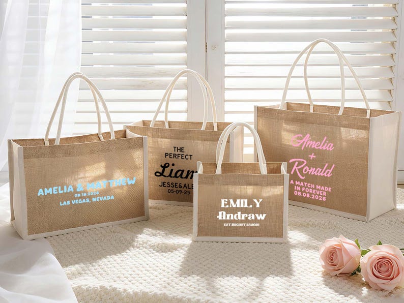 Pu&ograve; includere: Quattro borse tote in iuta con manici e finiture bianche. Ogni borsa presenta testo personalizzato in vari colori, inclusi nomi e date. Le borse sono disposte su una superficie bianca, con due rose rosa in primo piano.