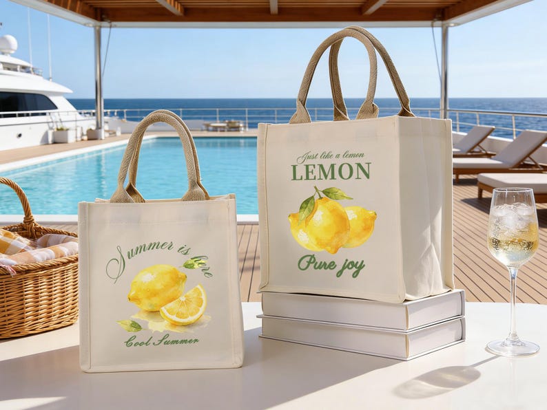 May include: Two canvas tote bags with beige handles and lemon illustrations. One bag reads "Summer is here" and "Cool Summer". The other bag reads "Just like a lemon LEMON Pure joy". The bags are on a white surface with a pool and ocean in the background.