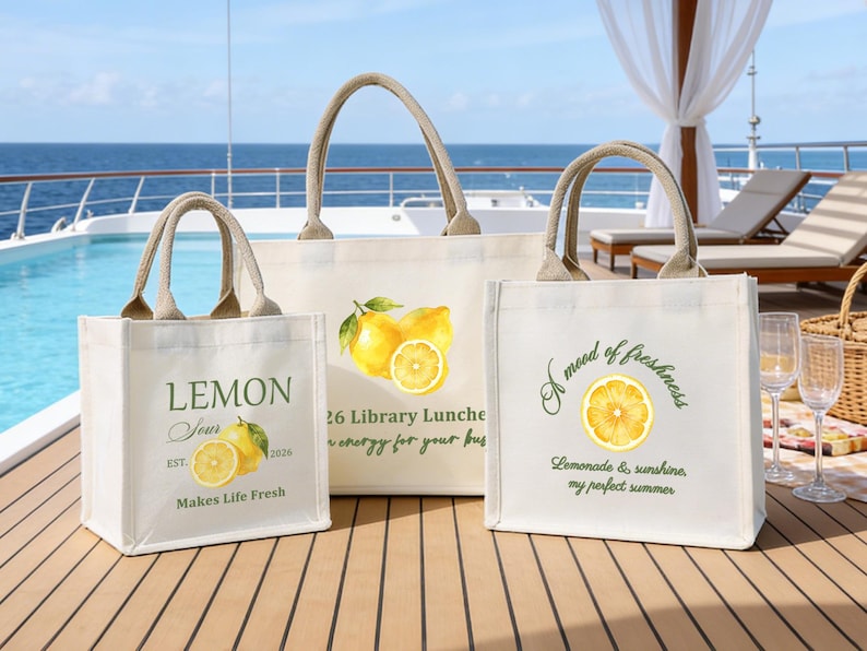 May include: Three canvas tote bags with beige handles and lemon graphics. One bag reads "Lemon Sour" with a lemon illustration and "Makes Life Fresh." Another says "26 Library Lunche." The third says "A mood of freshness."