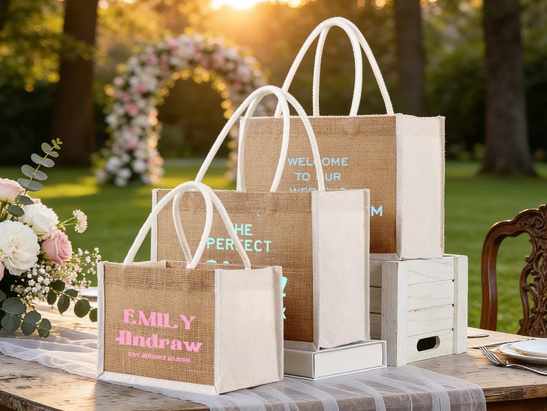 Pu&ograve; includere: Una collezione di borse tote in iuta con manici e finiture bianche, personalizzate con testo in vari colori. Le borse sono disposte su un tavolo, con un arco floreale e verde sullo sfondo. Il testo sulle borse include "Welcome to our wedding" e nomi.