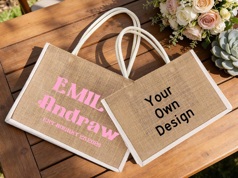 Pu&ograve; includere: Due borse tote in iuta con finiture e manici bianchi poggiano su una superficie di legno. Una borsa ha il testo "EMIL Andrew" in rosa, con testo aggiuntivo sottostante. L'altra borsa ha il testo "Your Own Design" in nero.