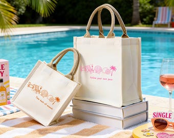 Individuell angefertigte Jutebeutel für den South Beach Bach Club, geschmückt mit handgezeichneten Illustrationen