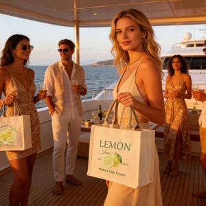 May include: A group of people on a yacht, holding tote bags with lemon designs. The bags have text that reads "Lemon Juice" and "Makes Life Fresh". The bags are cream-colored with brown handles. The people are dressed in summer attire.