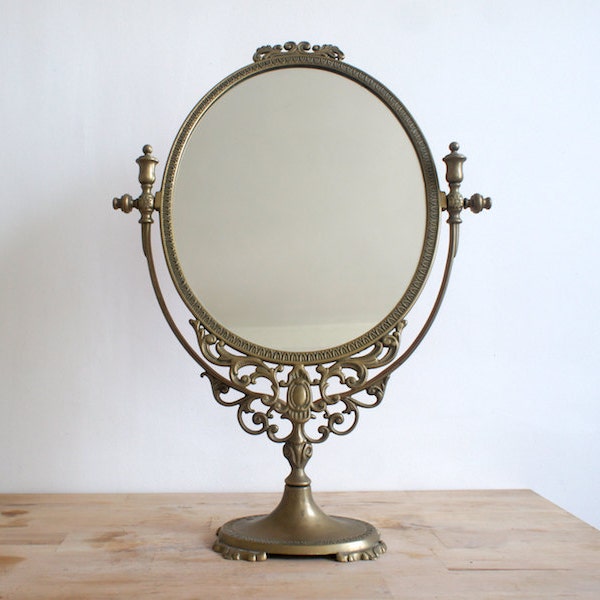 Vintage French Vanity Mirror / 1950 Brass Frame / Beige Neutral Metallic / French Country Decor