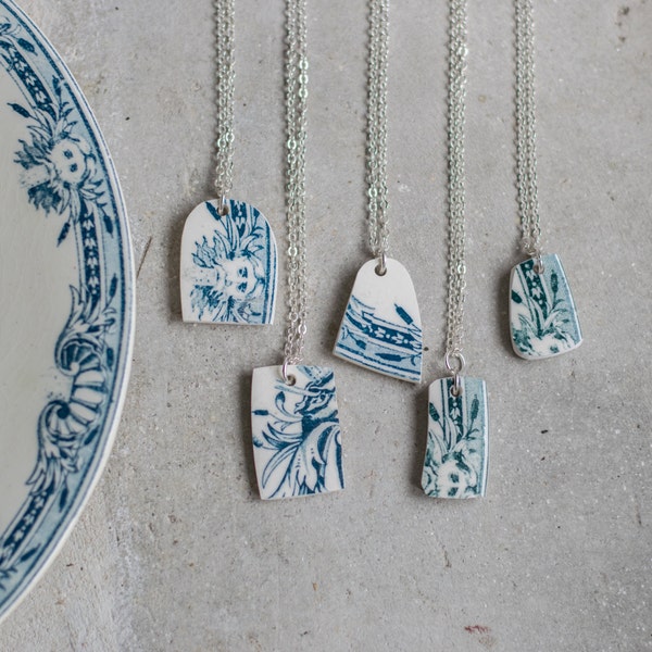 Ceramic Pendant Necklace made of Antique Transferware French Plates - Blue Teal  Gift for Her Under 25