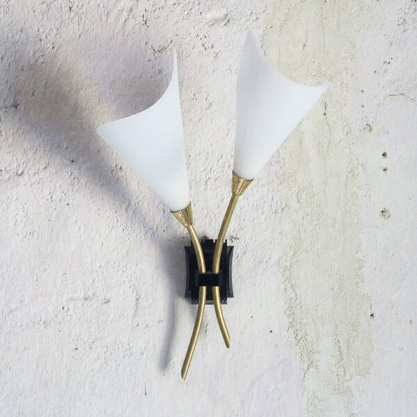 Vintage French Lighting  // Mid Century Wall Sconce Light // Modern Gold Black Lamp With Lily Shape