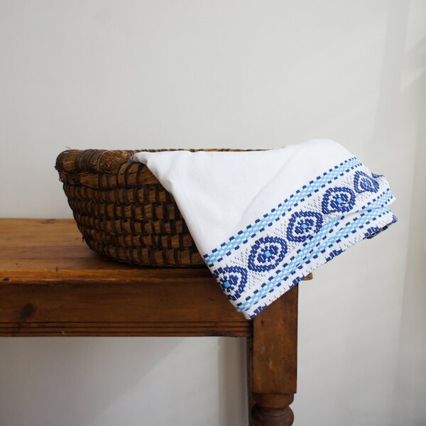 RESERVED  vintage french folk table runner made of linen in blue and white embroidered design