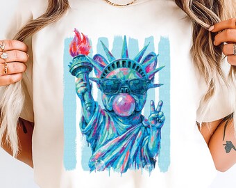 Preppy French Bulldog Statue of Liberty PNG | Bubble Gum Frenchie Graphic | Cute Patriotic Coquette Dog Design | Sublimation Download