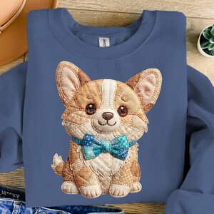 Corgi Puppy PNG Clipart | Faux Patchwork Quilted Dog with Bow Tie | Sublimation Digital Download