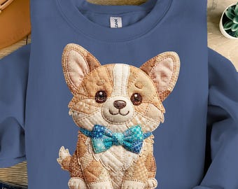 Corgi Puppy PNG Clipart | Faux Patchwork Quilted Dog with Bow Tie | Sublimation Digital Download