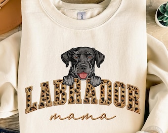 Labrador Mama PNG | Black Lab Dog Mom Shirt Design | Leopard Print Faux Embroidery | Mother's Day Sublimation Download