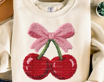 Cherries with Bow PNG, Faux Latch Hook Yarn Style Clipart, Retro Cherry Digital Download, Cute Fruit PNG, Printable Art
