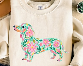 Dachshund Floral PNG | Preppy Watercolor Doxie Design | Colorful Puppy Illustration | Cute Dog Clipart | Digital Download