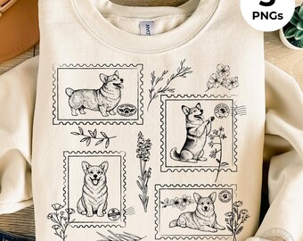 Corgi Floral Stamp PNG Bundle | Vintage Postage Dog Graphic | 3 PNG Bundle | Digital Download