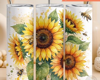 Watercolor Sunflowers and Bees Tumbler Wrap | Floral Sublimation Design (PNG Digital Download)