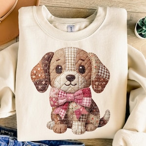 Cucciolo in stile patchwork con nastro PNG / Clipart di cane in tessuto trapuntato / Download tramite sublimazione