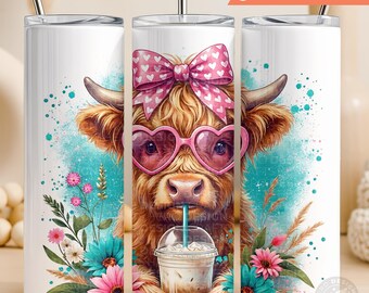 Highland Cow Iced Coffee 20oz Tumbler Wrap PNG (Digital Download)