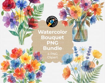 4 Watercolor Floral Clipart Bundle – Bright Flower Bouquet PNGs (Digital Download)