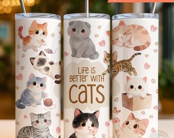 Cats Tumbler Wrap PNG, 20oz Skinny Tumbler Sublimation Design (Digital Download)