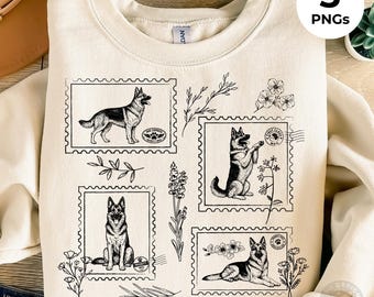 German Shepherd Floral Stamp PNG Bundle | Vintage Postage Dog Graphic | 3 PNG Bundle | Digital Download