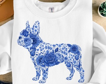 Blue Toile French Bulldog PNG | Grand Millennial Dog Art | Vintage Chinoiserie Frenchie Illustration | Classic Home Decor Digital Download