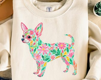 Chihuahua Floral PNG | Preppy Watercolor Chihuahua Design | Colorful Puppy Illustration | Cute Dog Clipart | Digital Download