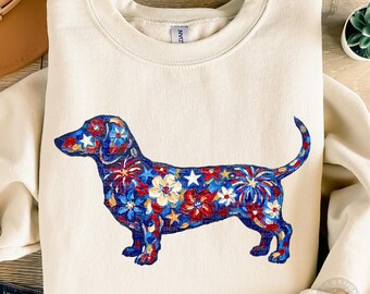 Floral Dachshund 4th of July PNG | Patriotic Doxie Puppy Design | Cute USA Dog Graphic | Summer Sublimation Download