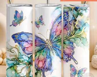 Abstract Butterfly & Floral Tumbler Wrap PNG | 20oz Skinny Sublimation Design | Digital Download