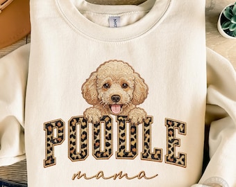 Poodle Mama PNG, Poodle Dog Mom Shirt Design, Leopard Print Faux Embroidery, Mother's Day Gift, Trendy Sublimation Download