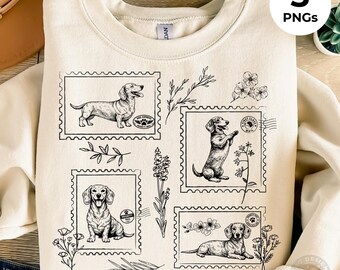 Dachshund Floral Stamp PNG Bundle | Vintage Postage Dog Graphic | 3 PNG Bundle | Digital Download