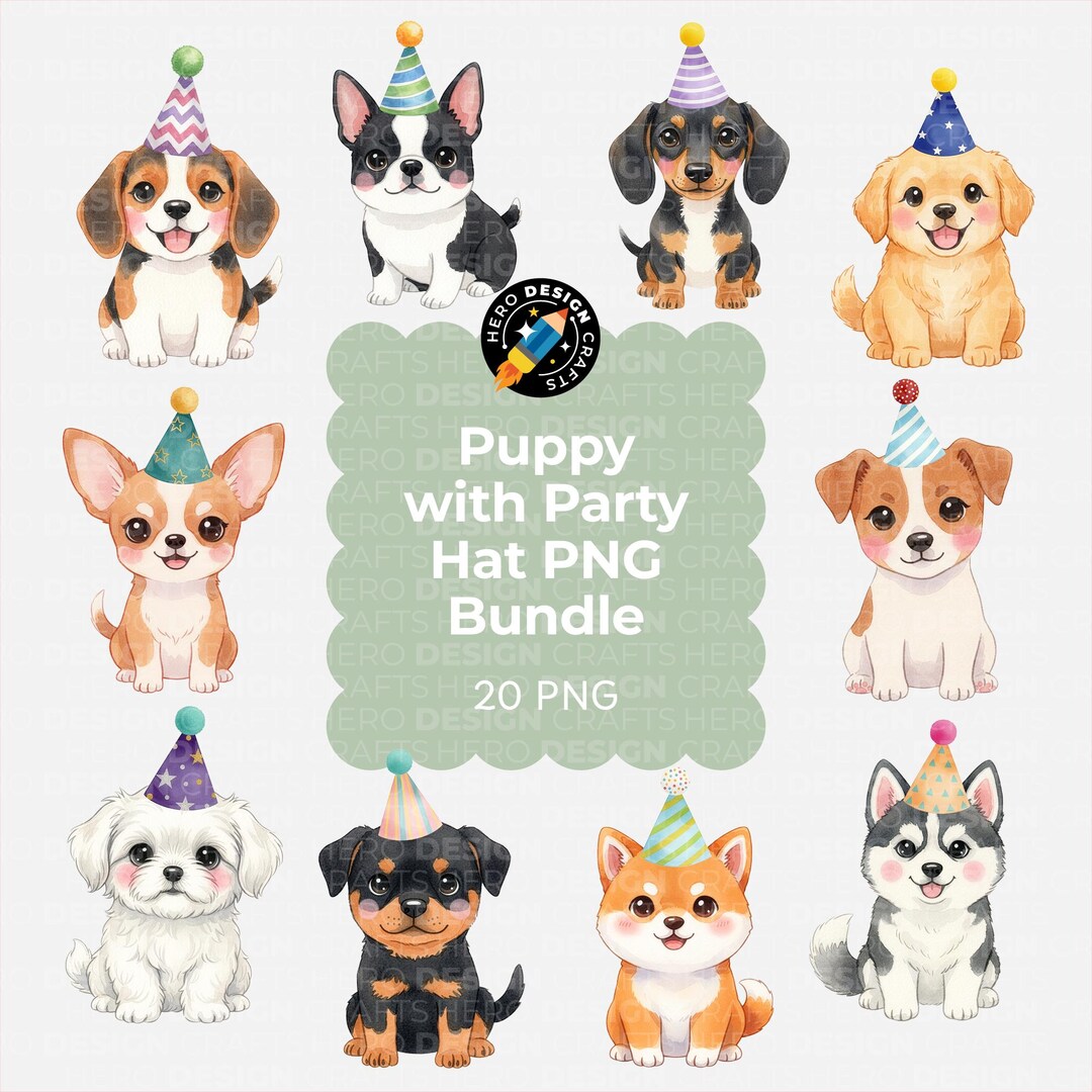 20 Watercolor Puppy Clipart PNG Bundle | Cute Dog Party Hat Digital ...