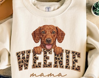 Weenie Mama PNG, Dachshund Dog Mom Shirt Design, Leopard Print Faux Embroidery, Mother's Day Gift, Sublimation Download