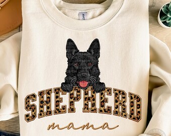 Black German Shepherd Mama PNG | Black GSD Dog Mom Shirt Design | Leopard Print Faux Embroidery | Mother's Day Gift | Sublimation Download