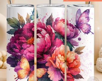 20oz Skinny Tumbler Wrap PNG – Peonies & Butterflies Floral Sublimation Design – Digital Download 300 DPI – Floral Butterfly Tumbler Art