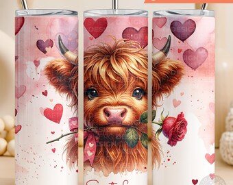 Highland Cow Valentine Tumbler Wrap | Watercolor Hearts, Rose (Digital Download PNG, 20oz Skinny Tumbler Design)
