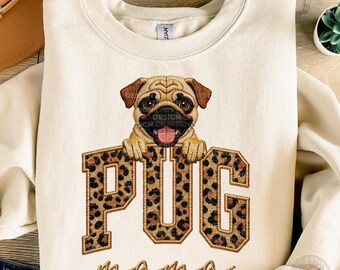 Pug Mama PNG, Pug Dog Mom Shirt Design, Leopard Print Faux Embroidery, Mother's Day Gift, Trendy Sublimation Download