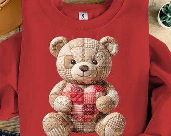 Valentine Teddy Bear PNG, Faux Patchwork Teddy Bear Clipart, Valentine Bear Digital Download, Love Teddy PNG, Printable Valentine Graphic