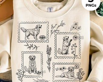 Golden Retriever Floral Stamp PNG Bundle | Vintage Postage Dog Graphic | 3 PNG Bundle | Digital Download